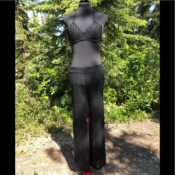 NEW Black Stretch Knit Pant Crop Top Set Summer Loungewear Beach One Size XS/S - Picture 1 of 12